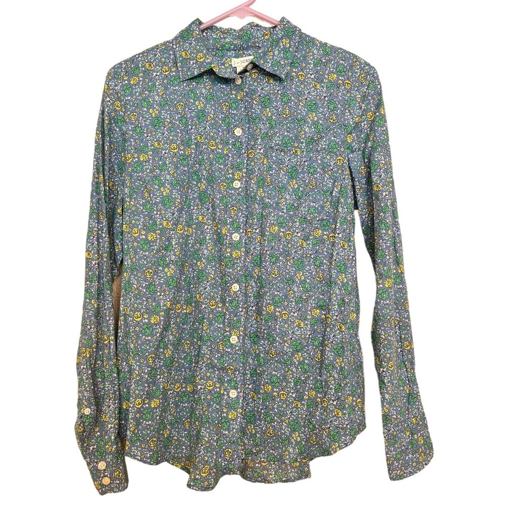 J. By J.Crew Blue Yellow Ditsy Floral Cotton‎ Button Front Blouse Top Size Small